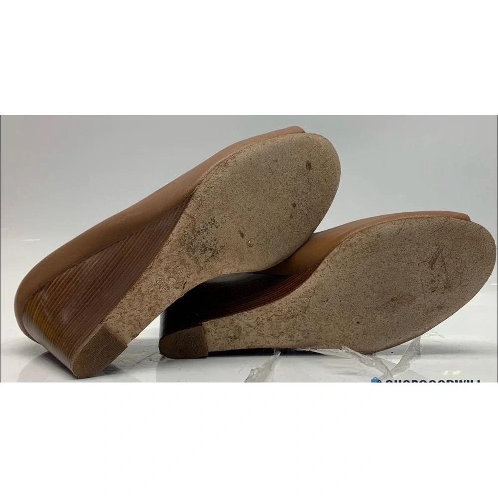 Tory Burch Wedge Heels Women 8M Tan Good Leather Peep Toe Gold Logo 9438